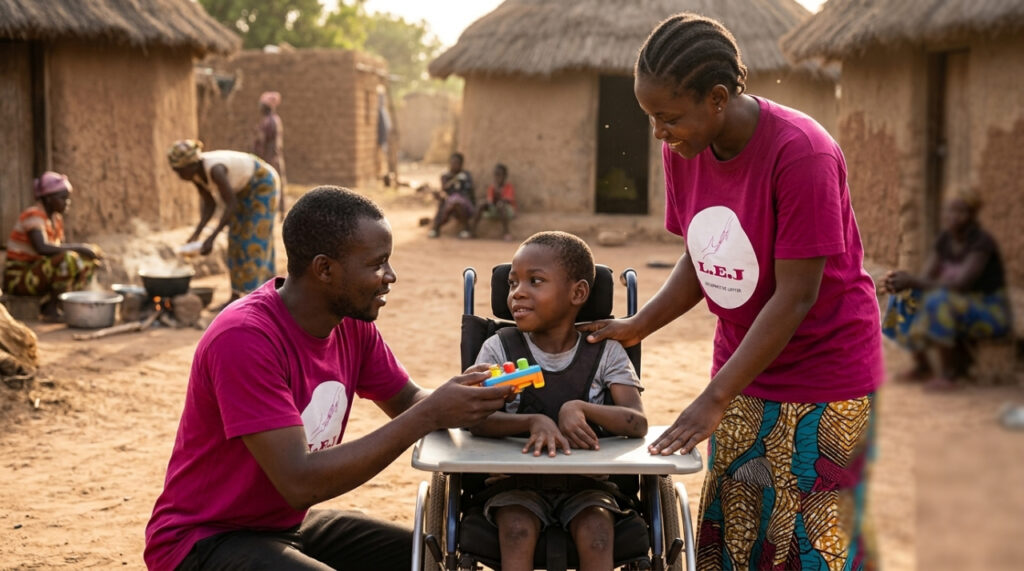 enfant atteint de paralysie cérébrale accompagné par une association